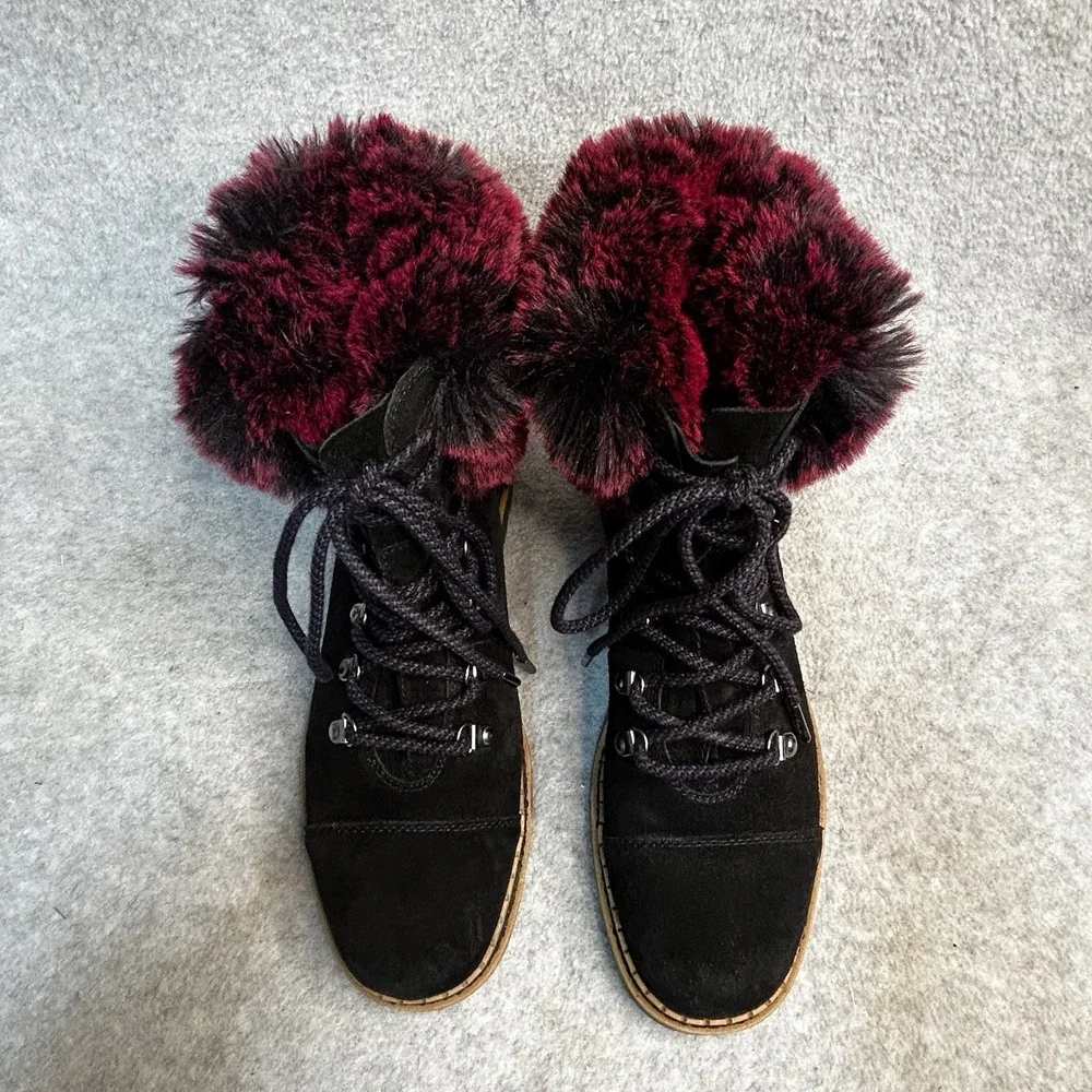 New Sam Edelman‎ Black Suede Boots Women's 9 Bowen Pink Wine Faux Fur Lug Sole